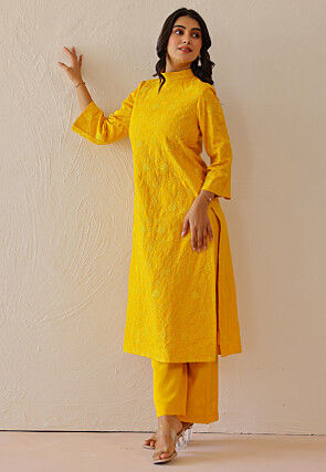 Embroidered Cotton Straight Kurta Set in Mustard
