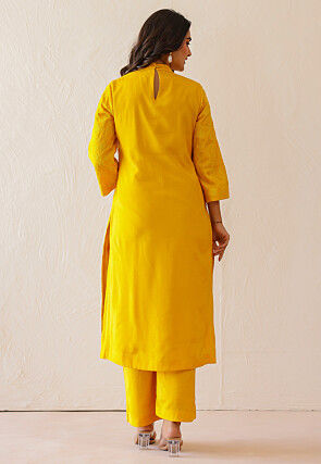 Embroidered Cotton Straight Kurta Set in Mustard