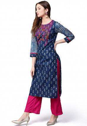 Embroidered Cotton Straight Kurta Set in Navy Blue