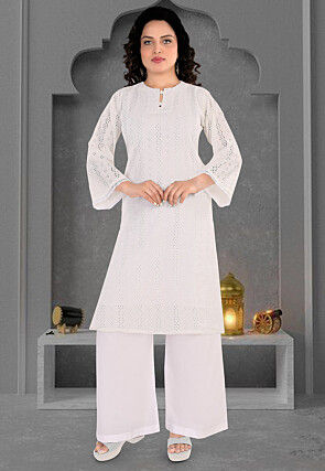Schiffli Cotton Straight Kurta Set in Off White