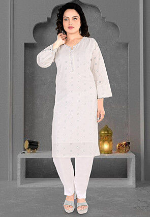 Schiffli Cotton Straight Kurta Set in Off White