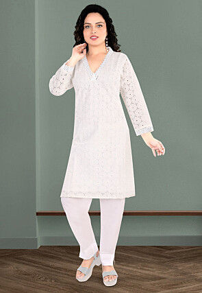 Schiffli Cotton Straight Kurta Set in Off White