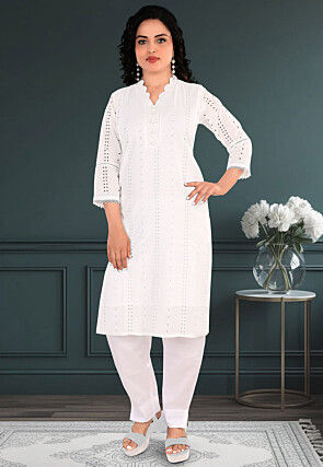 Schiffli Cotton Straight Kurta Set in Off White
