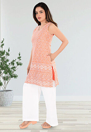 Embroidered Cotton Straight Kurta Set in Peach