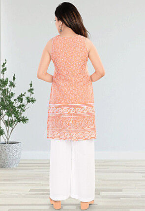 Embroidered Cotton Straight Kurta Set in Peach