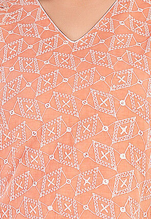 Embroidered Cotton Straight Kurta Set in Peach