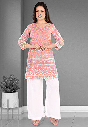 Embroidered Cotton Straight Kurta Set in Peach
