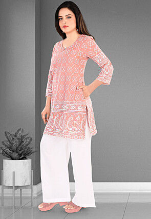 Embroidered Cotton Straight Kurta Set in Peach
