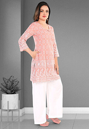 Embroidered Cotton Straight Kurta Set in Peach