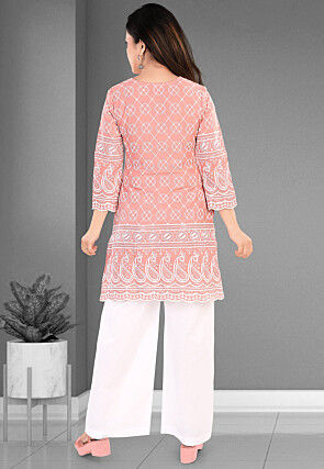 Embroidered Cotton Straight Kurta Set in Peach