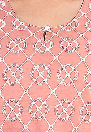 Embroidered Cotton Straight Kurta Set in Peach