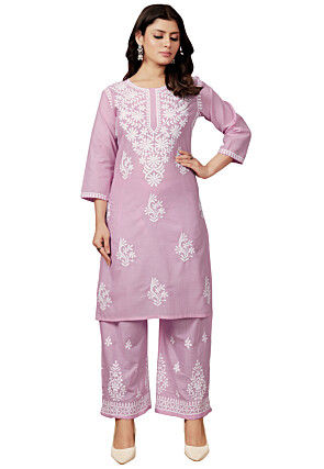Embroidered Cotton Straight Kurta Set in Pink