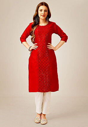 Embroidered Cotton Straight Kurta Set in Red
