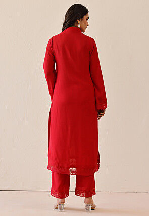 Embroidered Cotton Straight Kurta Set in Red