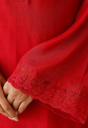 Embroidered Cotton Straight Kurta Set in Red