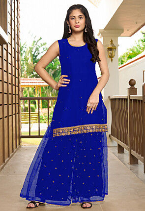 Embroidered Cotton Straight Kurta Set in Royal Blue