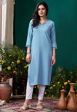 Embroidered Cotton Straight Kurta Set in Sky Blue