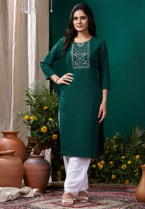 Embroidered Cotton Straight Kurta Set in Teal Green