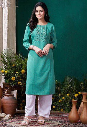 Embroidered Cotton Straight Kurta Set in Teal Green