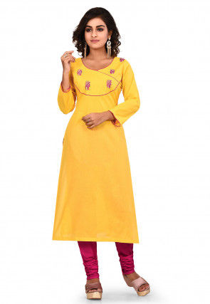 Embroidered Cotton Straight Kurta Set in Yellow