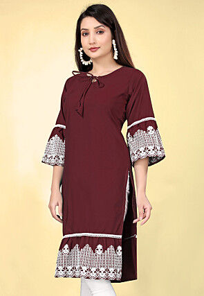 Embroidered Cotton Straight Kurta Wine