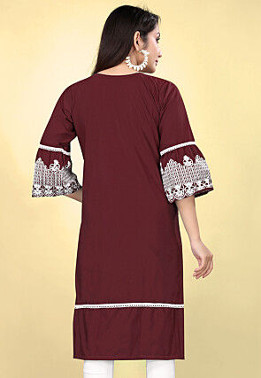 Embroidered Cotton Straight Kurta Wine