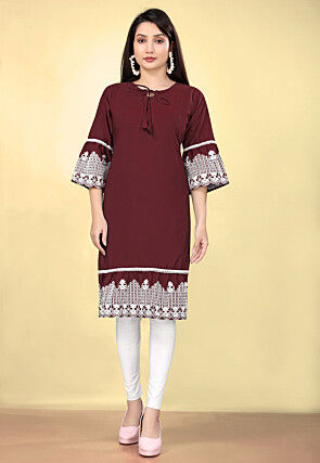 Embroidered Cotton Straight Kurta Wine