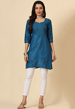 Embroidered Cotton Straight Kurti in Teal Blue
