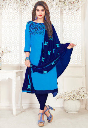 Embroidered Cotton Straight Suit in Blue