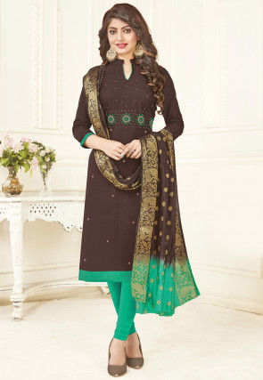 Embroidered Cotton Straight Suit in Brown