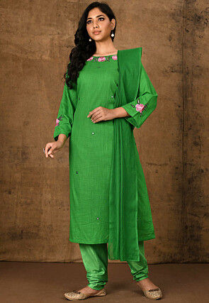 Embroidered Cotton Straight Suit in Green