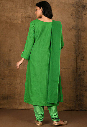 Embroidered Cotton Straight Suit in Green