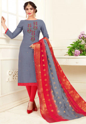 Embroidered Cotton Straight Suit in Grey