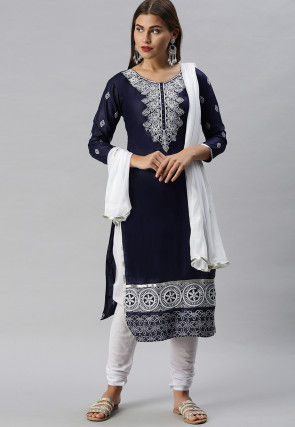 Embroidered Cotton Straight Suit in Navy Blue