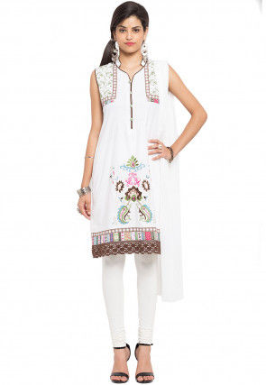 Embroidered Cotton Straight Suit in Off White