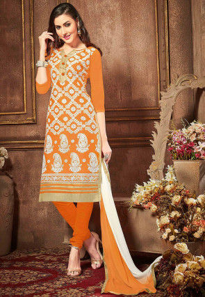 Embroidered Cotton Straight Suit in Orange