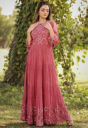 Embroidered Cotton Tiered Gown in Old Rose