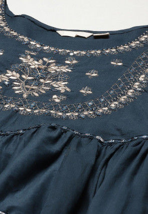 Embroidered Cotton Tiered Maxi Dress in Dark Teal Blue