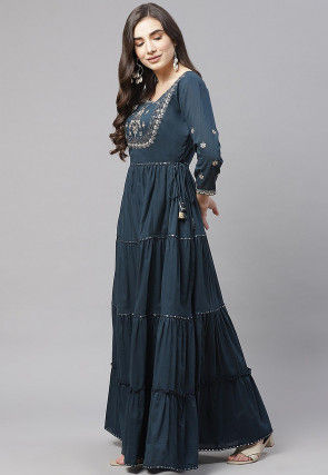 Embroidered Cotton Tiered Maxi Dress in Dark Teal Blue