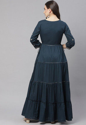 Embroidered Cotton Tiered Maxi Dress in Dark Teal Blue