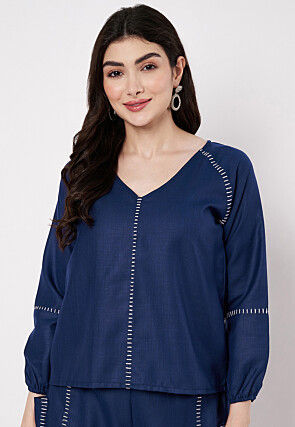 Embroidered Cotton Top in Navy Blue