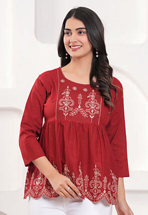 Embroidered Cotton Top in Red