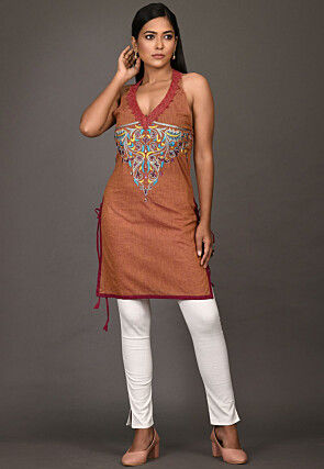 Embroidered Cotton Tunic in Brown