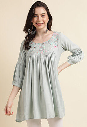 Embroidered Cotton Tunic in Light Blue