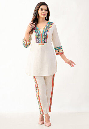 Embroidered Cotton Tunic Set in Off White