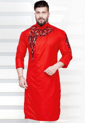 Embroidered Cotton Viscose Kurta in Red