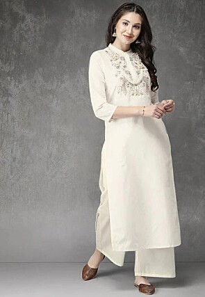 Embroidered Cotton Viscose Pakistani Suit in Off White