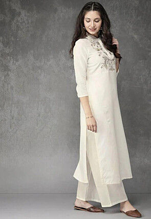 Embroidered Cotton Viscose Pakistani Suit in Off White