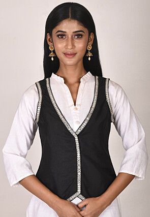 Embroidered Cotton Waist Coat in Black