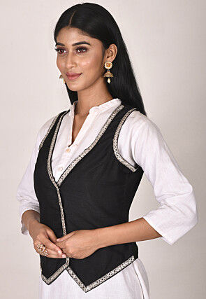 Embroidered Cotton Waist Coat in Black